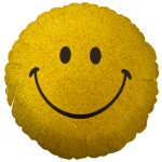 Yellow smiley-face foil balloon on a white background