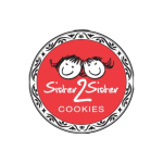 Round red cookie logo with two smiling faces and the words Sister 2 Sister Cookies