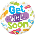 Round balloon with "Get Well Soon" text and colorful bandage graphics