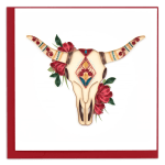 Decorative card with a quilled longhorn skull and pink flowers