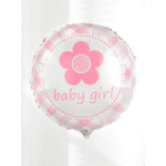 Round pink and white balloon with a flower and "baby girl" text