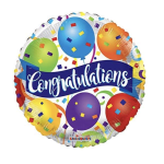 Round congratulations balloon with colorful confetti and balloons
