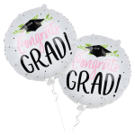 Two graduation balloons with caps and congratulatory text