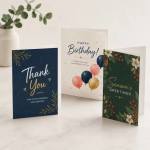 Three greeting cards with birthday, thank you, and holiday designs