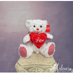 White teddy bear holding a red heart with the word Love