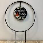 "Cardinals Appear" metal plant trellis with plaque