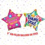 Two star-shaped thank-you balloons on sticks against a star pattern.