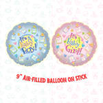 Blue and pink baby shower balloons with bottle graphics and text