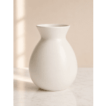 White ceramic vase with a rounded body and narrow flared neck