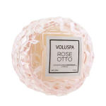 Pink rose-scented candle in a clear textured container