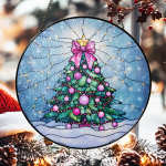 Round hanging ornament with a decorated Christmas tree and pink bow