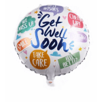 Round foil balloon with "Get Well Soon" and colorful care messages