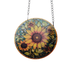Round sunflower stained-glass hanging panel with a chain