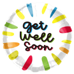 Round foil balloon with "get well soon" text and colorful accents