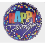 Round purple birthday balloon with colorful polka dots and large "Happy Birthday" text
