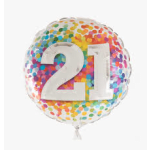 Clear balloon with colorful confetti and large white "21" numbers