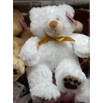 White plush teddy bear with a gold ribbon bow