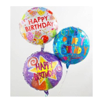 Three colorful birthday balloons with printed messages