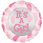 Round pink balloon with "It's A Girl" text and baby footprints