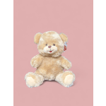 Cream-colored teddy bear on a pink background