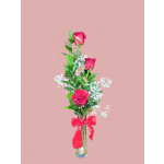 Tall pink rose arrangement in a clear vase with a red bow