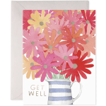 Get well card with colorful daisies in a striped pitcher