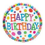 Round birthday balloon with colorful polka dots and "Happy Birthday" text