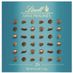 Box of assorted Lindt mini pralines chocolates on a teal background