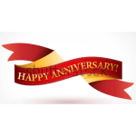 Red and gold anniversary ribbon graphic with text
