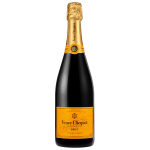 Bottle of Veuve Clicquot champagne with gold foil and orange label