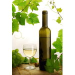 Wine bottle and glass surrounded by green grape leaves and grapes