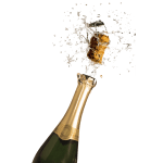 A champagne bottle with cork popping and foam spraying upward
