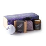 Lavender gift set with soap, bath bomb, candle, and bath salts