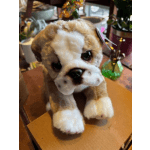 Plush bulldog puppy toy with brown and white fur