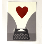 A red heart above a black typewriter illustration on a card.