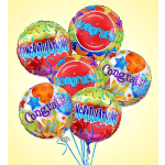 Cluster of colorful congratulatory balloons with star patterns