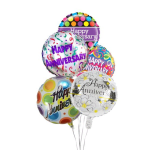 Cluster of colorful happy anniversary balloons