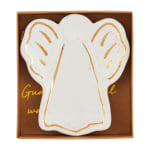 White angel-shaped ceramic dish with gold accents in a box
