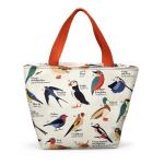 Bird-print tote bag with orange handles on a white background
