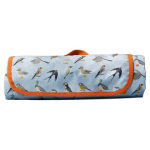 Folded blue bird-patterned fabric case with orange trim