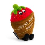 Plush strawberry-shaped toy with embroidered face and text