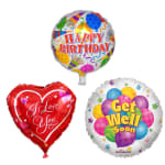 Three foil balloons reading Happy Birthday, I Love You, and Get Well Soon.