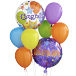 Colorful congratulatory balloons with two message balloons and five solid balloons
