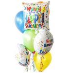 Birthday balloons with a "Wishing You a Happy Birthday" foil balloon
