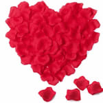 Heart made of red rose petals with a few loose petals below