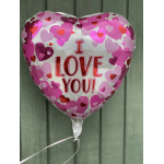 Heart-shaped balloon with pink hearts and "I LOVE YOU!" text