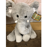 Gray plush elephant toy with a product tag
