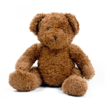 Brown plush teddy bear sitting on a white background