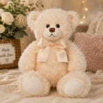 Cream teddy bear with a satin bow beside a flower basket