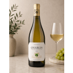 Bottle of Chablis wine beside a glass of white wine and grapes